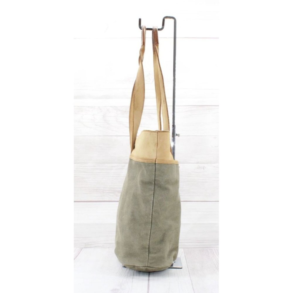 Vintage LL Bean Green Tan Cotton Colorblock Buckle Shoulder Tote Bag - Picture 4 of 10